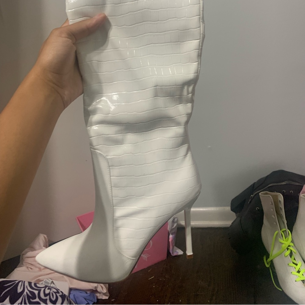 White faux croc skin slouchy stiletto boot!